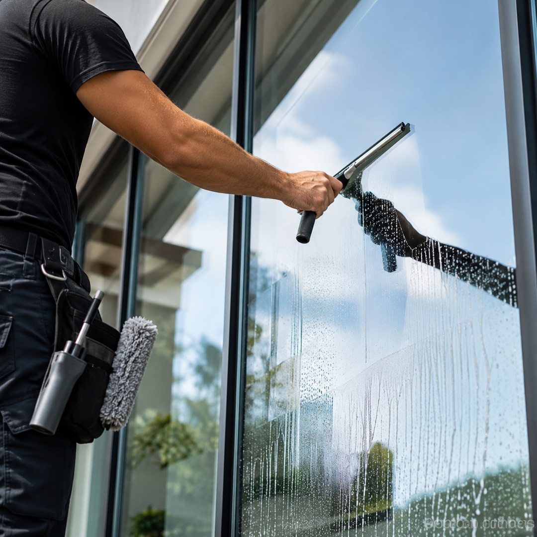 Window cleaning professional using a squeegee on a large glass window
